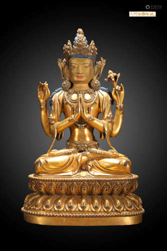 A Chinese Gild Copper Statue of 4 Arms Guanyin