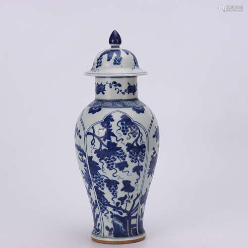 A Chinese Blue and White Grape Pattern Porcelain Jar with Cover