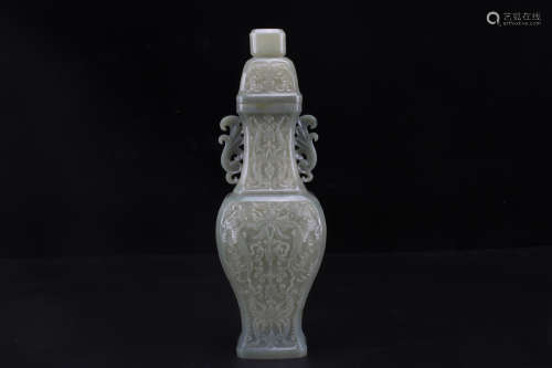 A Chinese Hetian Jade Floral Carved Vase