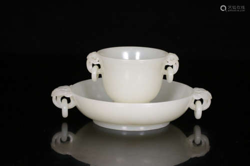 A Set of Chinese Hetian Jade Carved Saucer and Cup