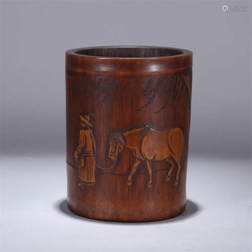 A Chinese Figure Carved Bamboo Brush Pot