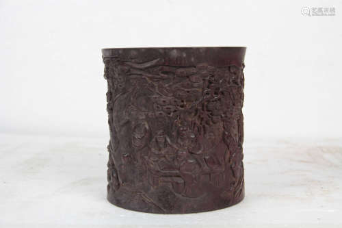 A Chinese Figure Carved Red Sandalwood Brush Pot
