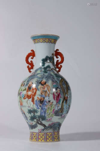 A Chinese Famille Rose immortal Painted Porcelain Double Ears Vase