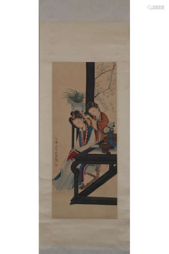 A Chinese Woman Painting Silk Scroll,  Gai Qi Mark