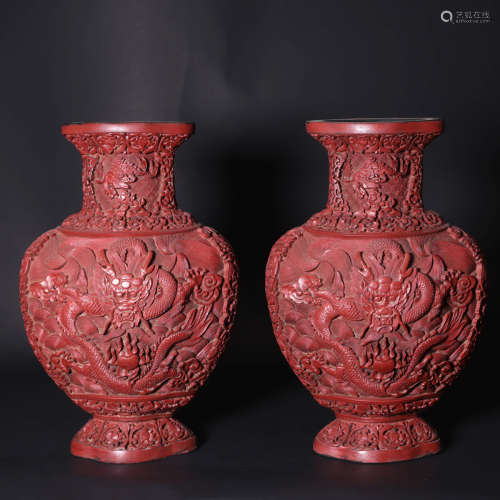 A  Pair of China Carved Red Lacquerware Dragon Pattern Vase