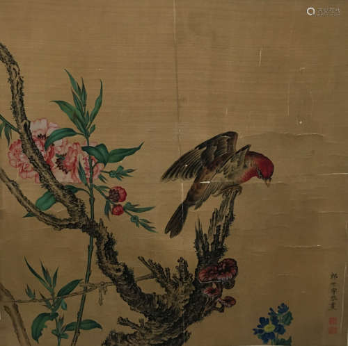 A Chinese Flower&bird Painting Silk Scroll,  Lang Shining Mark