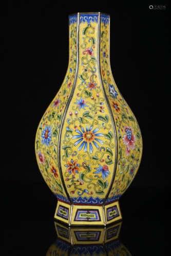 A Chinese Copeper Enamel Floral Hexagon Vase
