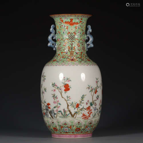 A Chinese Green Famille Rose Twine Pattern Porcelain Double Ears Vase