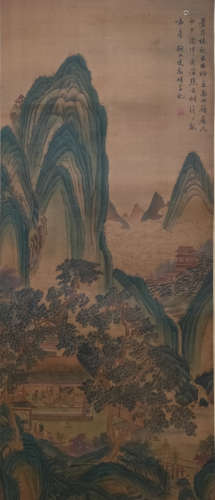 A Chinese Mountain Painting Silk Scroll,  Wen Zhengming Mark