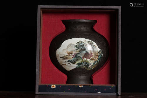 A Chinese Black Glazed Landscape Painted Porcelain Hanging Vase