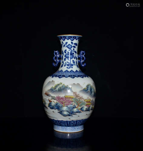 A Chinese Blue and White Famille Rose Landscape Porcelain Double Ears Vase