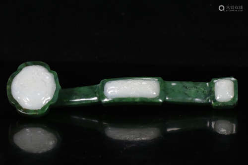 A Chinese Hetian Jade Inlaid Jasper Ruyi Ornament