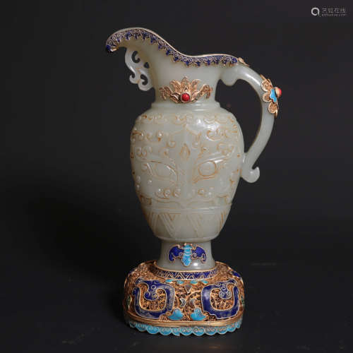 A Chinese Hetian Jade Carved Taotie Pattern Flower Vase