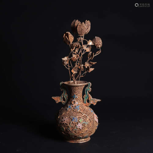 A Chinese Double Dragon Ears Gild Silver Blueing Flower Vase