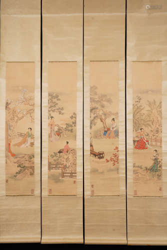 4pcs Chinese Woman Painting Screens, Leng Mei Mark
