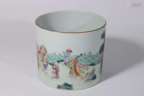 A Chinese Famille Rose Arhats Painted Porcelain Brush Pot