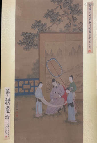 A Chinese Figures Painting Silk Scroll,  Leng Mei Mark