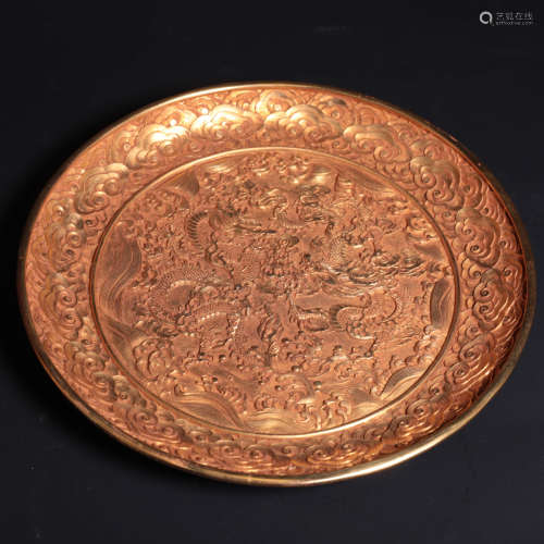 A Chinese Gild Copper Floral Dragon Pattern Plate