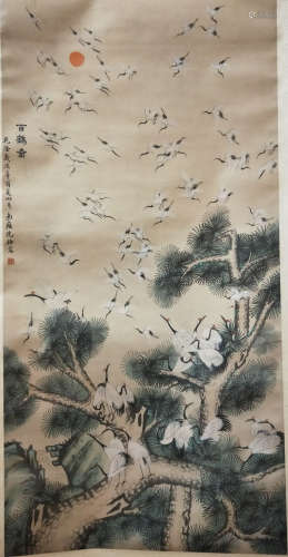 A Chinese Crane Painting Silk Scroll,  Shen Quan Mark