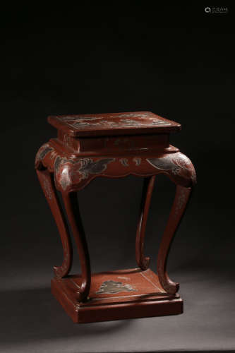 A Chinese Shell Inlaid Red Lacquer Four Legged Flower Table