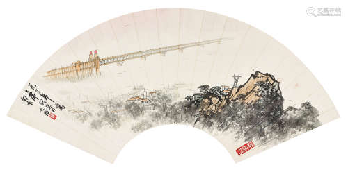宋文治（1919 1999） 1973年作 长江大桥 设色纸本扇面