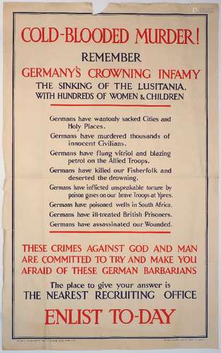 WWI INTEREST: a recruitment poster, 'COLD BLOODED MURDER!', Parliamentary Recruiting Committee,