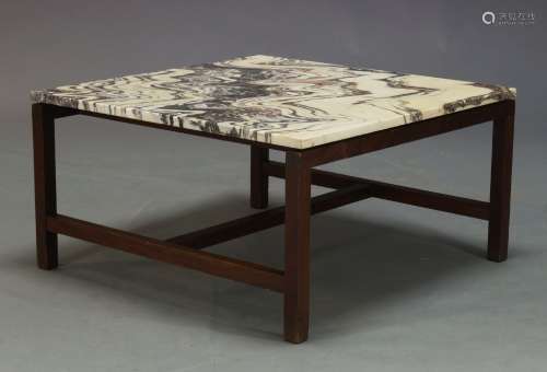 A modern coffee table, of recent manufacture, with square viola breccia marble top, on mahogany