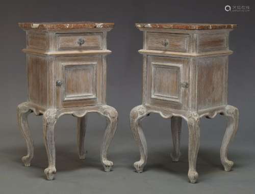A pair of reproduction Louis XV style bedside cupboards, of recent manufacture, with red and white