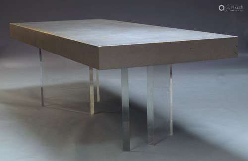 In the manner of Jeffrey Bigelow, a large modern dining table, the rectangular silver painted wood