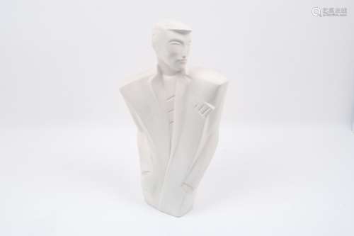 In the style of Lindsey Balkweill, a waist-length sculpture, designed as a monochromatic man dressed