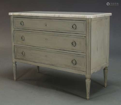 A Louis XVI style grey painted commode, second half 20th Century, with white Carrara marble top