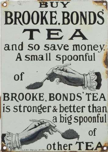 A 'Brooke Bonds TEA' enamel advertising sign, Falkirk Iron & Co, London, 29.7cm x 21cmPlease refer