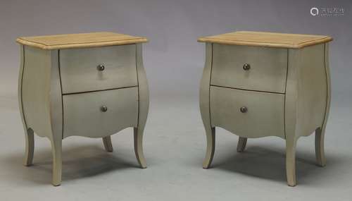 Feather and Black, a pair of Louis XV style grey painted and oak bedside chests, of recent