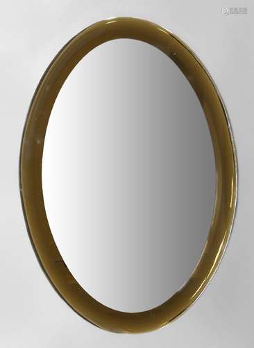 In the manner of Fontana Arte, c.1950, an oval mirror with smoked glass border, 88cm x 60cm,Please