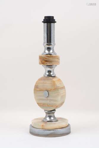 A 20th century onyx lamp base, designed with three discoid form stones, recurrently layered with