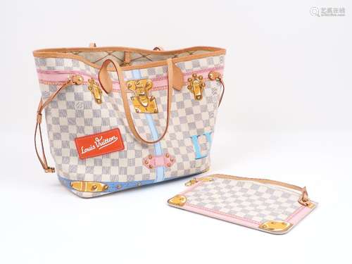 A Louis Vuitton Damier Azur Summer Trunk Neverfull MM tote, designed with Damier Azur monogram