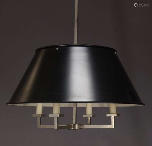 A modern pendant ceiling light, of recent manufacture, with four lights, the tapered black shade