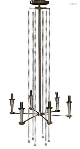 A large chromed six light chandelier, in the manner of Tommy Parzinger c.2000 With six tapered light