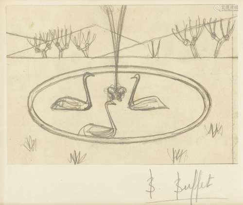 Preliminary sketches for Bernard Buffet, Le Bassin aux Cygnes, 1956, pencil on tissue-thin paper,