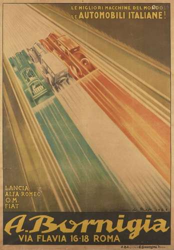 An 'A. BORNIGIA' motorsport poster, 'LE MIGLIORI MACCHINE DEL MONDO, LE AUTOMOBILI ITALIANE', E.