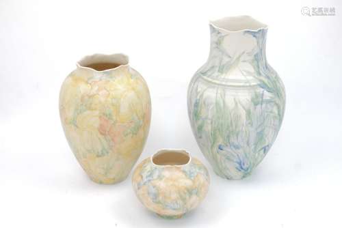 Vivian Legge, British, 20th century, three porcelain vases decorated with flowers and leaves, signed
