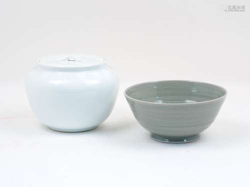 A Japanese Studio porcelain white glazed lidded jar, c.2000, indistinctly signed, 16cm high,