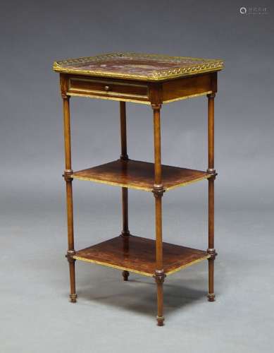 A French mahogany and gilt metal mounted three tier étagère, late 19th Century, the rectangular