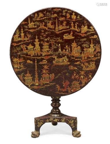 A Chinoiserie lacquered and parcel gilt tilt top table, with birdcage action, 19th Century, the