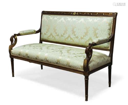 A Continental mahogany and parcel gilt sofa, 19th Century, the top rail with foliate carved