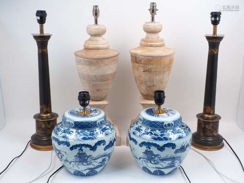 A pair of toleware column table lamps, 60cm high, together with a pair of blue and white Chinese