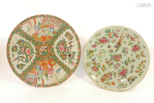 Two Provincial Chinese Canton porcelain dishes, of celadon ground with famille rose decoration, late