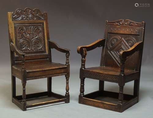 A 17th Century style oak Wainscot armchair, 20th Century, with shaped crest above floral carved