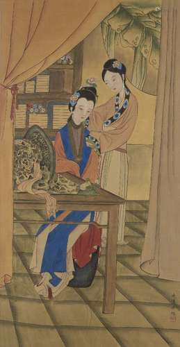 A large early 20th Century Chinese painting on silk depicting two ladies in an enclosed parlour