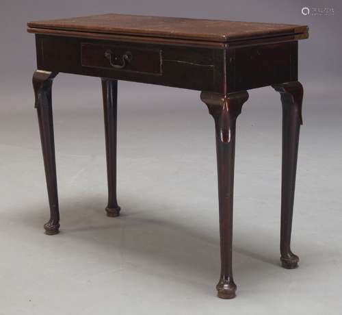 A George II oak tea table, the rectangular fold over top above single frieze drawer on cylindrical